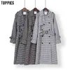Vintage Houndstooth Woolen Coat Double breasted Long autumn outfits for women 210421