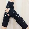 Five Fingers Gloves 68UA Stretchy Knitted Arm Sleeves Pearl Long Fingerless Thumb Hole Winter Hand Sleeve Tattoo Cover Up