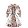 Kobiety Moda Długi rękaw Retro Totem Print Odchudzanie Mini Dresy linii Wiosna Vintage Eleganckie ubrania Vestidos S070 210527