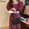 Retro Flower Print Dress Women Korean Chic Square Collar Puff Sleeve Vestidos Elegant Lace Up Slim Waist Dresses 1C793 210422