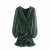 Green Metallic Thread Draped Mini Dress Women V-neck Long Sleeve Ruched Ruffle es Back Buttoned Opening Retro 210519