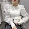 S-XL Korean Clothing Sweaters Solid Lace Lantern Sleeve Elegant Women Pullovers Tops Autumn Winter Sueter 18561 210415