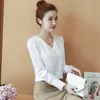 Korean Silk Blouses Women V-neck Satin Blouse Tops Plus Size Woman Long Sleeve Solid Shirt Blusas Femininas Elegante 210531
