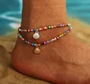 Colorful Beaded Anklet Retro Alloy Scallop Pendant Foot Chain Beach Footwear for Women Girls Gift Jewelry