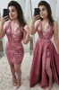 2021 Två stycken avtagbar tåg Aftonklänning V Neck Lace Appliques Pearls Prom Gowns Short Girls Formal Party Dress 287K