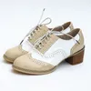 Geklede schoenen Britse stijl Vintage gemengde kleuren Verkoop van echt leer voor dames Dikke hak Vleugeltip Oxford voor dames