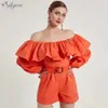 Tuta da donna arancione con volant casual sexy top halter manica lunga estate corto da donna 210527