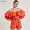 Women's Orange Ruffle Jumpsuit Casual Sexy Top Halter Long Sleeve Summer Ladies' Short 210527