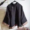Johnature Women Autumn Black Vintage Shirts Linen Stand Long Sleeve Button Blouses Patchwork Color Female Shirts Tops 210521