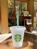 Starbucks syrenka bogini 16 uncji/473 ml plastikowy kubek wielokrotnego użytku jasne picie kubki z płaskim dnem filar kształt pokrywką słomiane kubki 50 sztuk