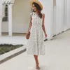 Vrouwen polka-dot roze wit ruches midi jurken dames elegante veter-up strikje casual zomer kleding voor vrouwen 210415