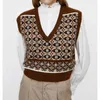 Automne hiver Vintage Corean College Style Argyle V-Cou Lâche Pull sans manches Sweaters Tricots Vest Jumper Top pour femme 210508
