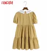 Tangada Summer Women Yellow Print Dress Lace Collar Kortärmad Ladies Mini Dress Vestidos 6Z20 210609