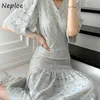 V Neck Pullover Short Sleeve Dress Women High Waist Hip Skinny Mermaid Vestidos Temperament Lace Hook Flower Robe Spring 210422