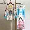 Qian Han Zi designer piste mode deux pièces ensemble haut à manches longues en plumes pour femmes / chemisier + motif vintage imprimé pantalon long costume 211105