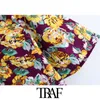 Traf Women Fashion with Pockets Floral Print Loose Blouses Vintage korte mouw knop Beach vrouwelijke shirts chic tops 210415