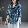 Johnature Women Vintage Shirts Cotton Linen Blouses And Tops Print Floral Stand Loose Chinese Style Summer Female Shirt 210521