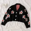 여성의 한국 스타일의 꽃 인쇄 V 넥 니트 카디건 여성 캐주얼 대형 모든 경기 스웨터 원 사이즈 210917