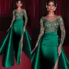 Emerald Green Mermaid Aftonklänning med avtagbar tåg Elegant Satin High Split Full Sleeves Party Gowns