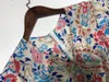 Casual Dresses Women's Silk Irregular Robe Puff Sleeve Pleated V-neck Print Ladies Zipper Mid-calf Dress 2022 Autumn