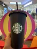 Gobelets Starbucks 24oz / 710ml Gobelet en plastique Réutilisable Noir Potable Tasse à fond plat Pilier Forme Couvercle Tasse de paille