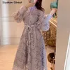 Spring Vintage Dress Woman Purple Lace Single-breasted High Waist es Vestido Long Puff Sleeve Elegant Party 210603