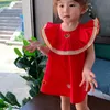 Summer Girls Dress Love Heart Hollow Fan-Shaped Sleeveless Red Baby Kids Clothes Children'S Clothing 210625