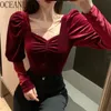 Velour Shirts Solid Sqaure Neck Vintage Clothing Korean Puff Sleeve Blusa Spring Backless Sexy Blouse Women 19623 210415