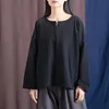 T-shirt das mulheres Johnature mulheres cor sólida de linho de algodão t - shirts Vintage 2022 Primavera V-pescoço em v manga comprida panos de estilo chinês