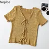 Neploe Cropped Gestrickte Frauen Shirts Sommer V-ausschnitt Kurzarm T-shirts Strickjacke Koreanische Spitze-up Rüschen T-shirt Tops Weibliche 210422