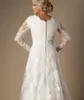 Ivoire A-ligne Vintage dentelle Appliques robes de mariée modestes avec manches longues col en V boutons manches longues robes de mariée sur mesure