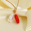 Natural de água doce pérola vermelho coral pingente colar de aço inoxidável para mulheres gargantilha única jóias festa de verão colares5208802
