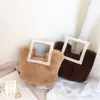 Pearls square Handle Fluffy Bag Soft Cute Totes Women's Handbags Faux Rabbit fur Shoulder Bags sweet lady style handbag dress Purse