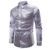 Silver Sequin Glitter Украшенная рубашка мужская с длинным рукавом повседневная шелковая атласная мужская платье-рубашки диско танцор этап помпания Chemise 2XL 210522