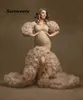 Długa Szampana Suknia Wieczorowa 2021 Mermaid Krótki Rękaw Ruffles Tulle Afryki Ciężarne Kobiety Cape Maternity Formalne Suknie Prom