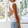 Sexy backless white lace women blouse and tops ruffle sleeveless embriodery pelpum shirt hollow out sheer summer 210427