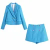 ZA Kvinnors Spring Textured High Waist Double Breasted Button Prydnad Kort A- Line Blue Byxor Kjol 210521