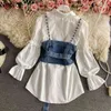 Neploe Ropa De Mujer Spring Korean Mid-length Tops Beading Vest Denim Camisole Puff Sleeve Shirt Two-piece Women's Clothing 210422