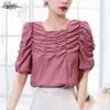 Camisa Chiffon Plissada Mulheres Top Verão Vintage Slow Slow Sleeve Blusa Curto Rosa Roupas BLUSAS 9665 210508