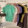 NEPLOE Kobiety Swetry Pół Turtleneck Sweter Dzianiny Summer Puff Krótki Rękaw Koszulki Solid Jumper Koreańczyk Hollow Out Slim Top 210422