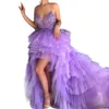 Sexy Backless Lilac High Low Evening Dresses Spaghetti Straps Tiered Tulle A Line Special Occasion Gowns Prom Dresses for Party Graduation Vestido de festa 2022