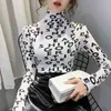 Wwenn Imprimir Carta Tops T-shirt de Algodão Mola Vintage Mulheres Turtleneck Manga Longa Slim Camiseta Femme Casual Inverno Roupas 210507