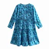 Zomer vrouwen bloemen print tiered ruche blauw mini jurk vrouwelijke drie kwart mouw kleding casual dame losse vestido D7737 210430