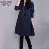 Primavera algodón lino una línea vestido casual para mujeres suelta botón sólido vestidos de manga larga bata femme 12676 210417