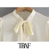 Femmes Mode Faux Perle Boutons Blouses Confortables Vintage Bow Tie Collier Trois Quarts Manches Femme Chemises Chic Tops 210507