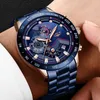 Lige Fashion Mens Klockor med rostfritt stål Top Märke Luxury Sports Chronograph Quartz Watch Men Relogio Masculino T200113