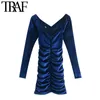 TRAF Women Chic Fashion Pleated Velvet Mini Dress Vintage Wide V Neck Long Sleeve Female Dresses Vestidos Mujer 210415