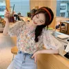 Llzacoosh Fashion Printing Mesh Patchwork Women's Beading Shirts Blouse O Neck Puff Sleeve Sommar kvinnlig kläder 210514