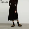 Japanska vårkvinnor Corduroy Plaid Long kjol Korean damer Elastic Casual High midja A-line kjolar Fashion Streetwear 210619