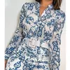Combishorts imprimés pour femmes Chic col en v à manches longues tenues décontractées automne nouvelle mode dames bleu blanc Streetwear combishort 210422